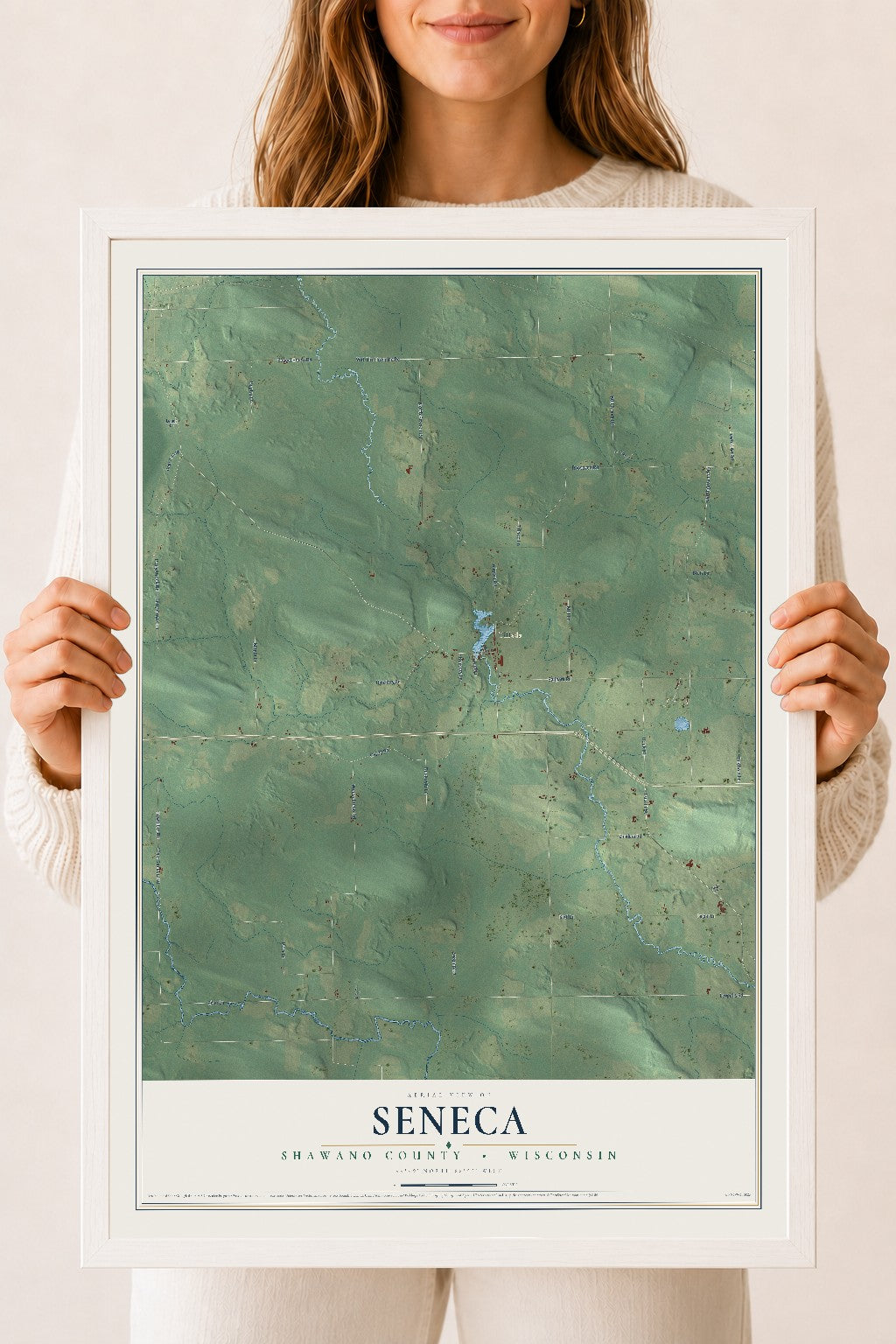Map of Seneca, Shawano County, Wisconsin, 18 x 24 inch print in a white wood frame