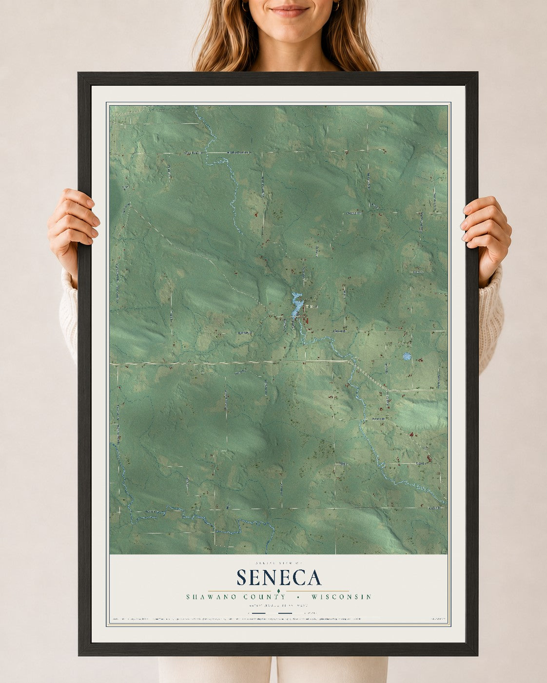 Map of Seneca, Shawano County, Wisconsin, 24 x 36 inch print in a black wood frame