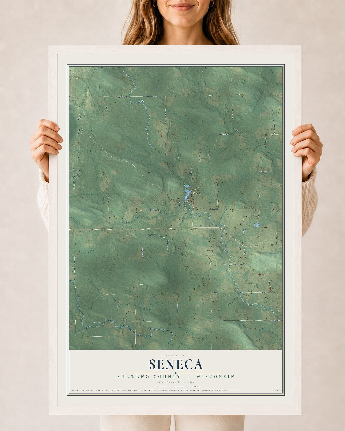 Map of Seneca, Shawano County, Wisconsin, 24 x 36 inch print in a white wood frame
