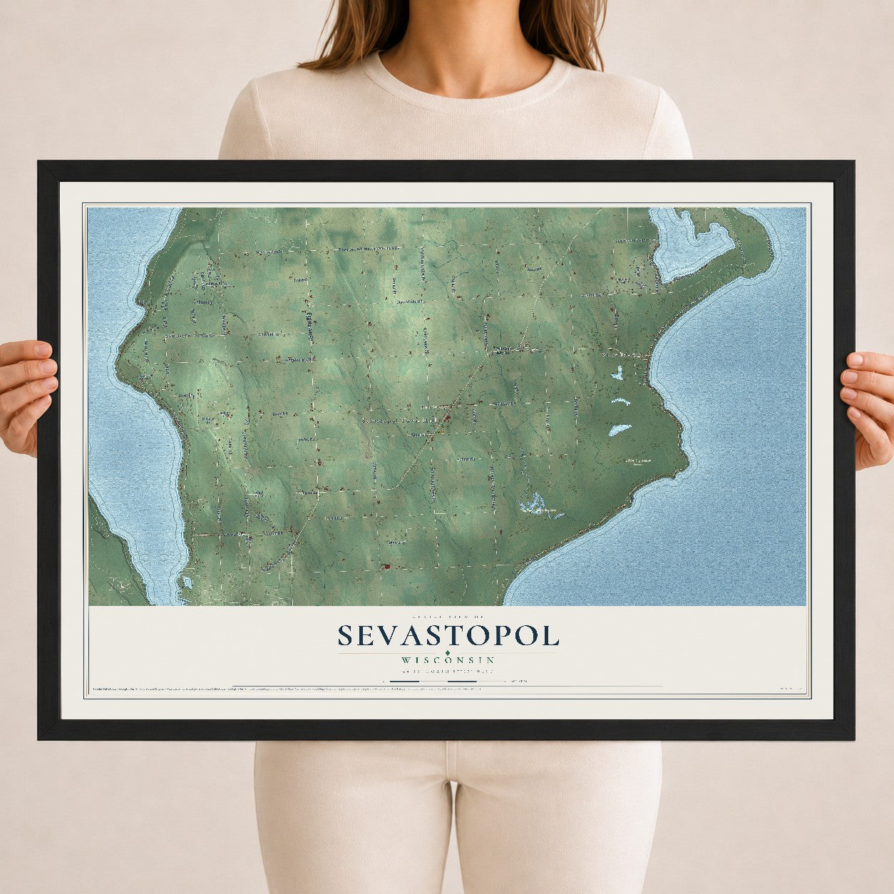 Map of Sevastopol, Wisconsin, 18 x 24 inch print in a black wood frame