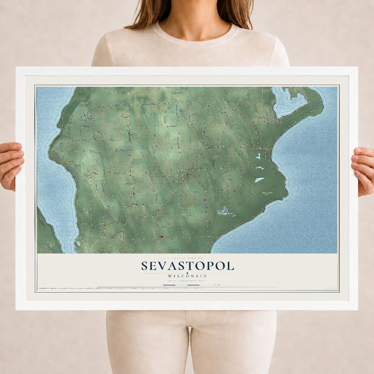 Map of Sevastopol, Wisconsin, 18 x 24 inch print in a white wood frame