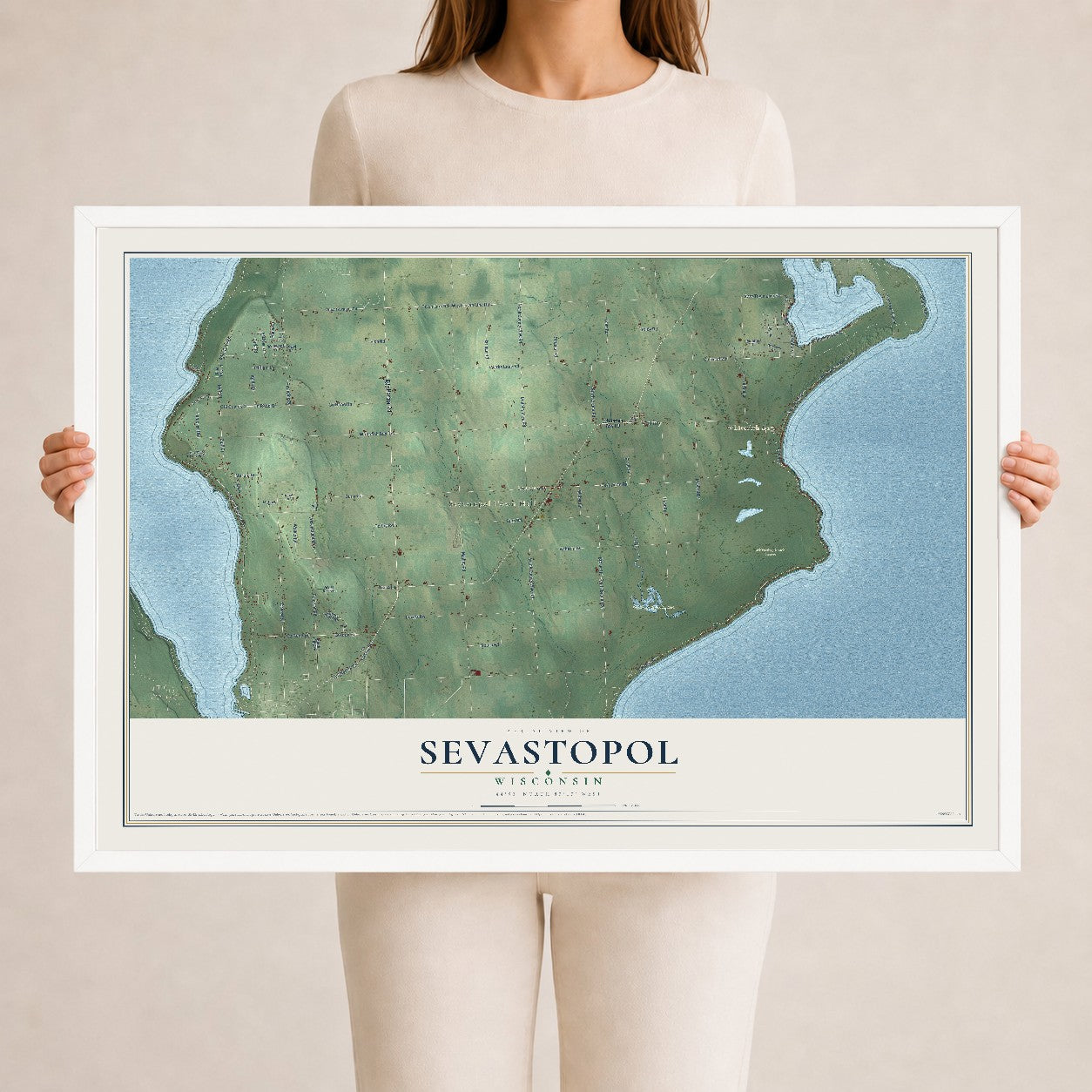 Map of Sevastopol, Wisconsin, 24 x 36 inch print in a white wood frame