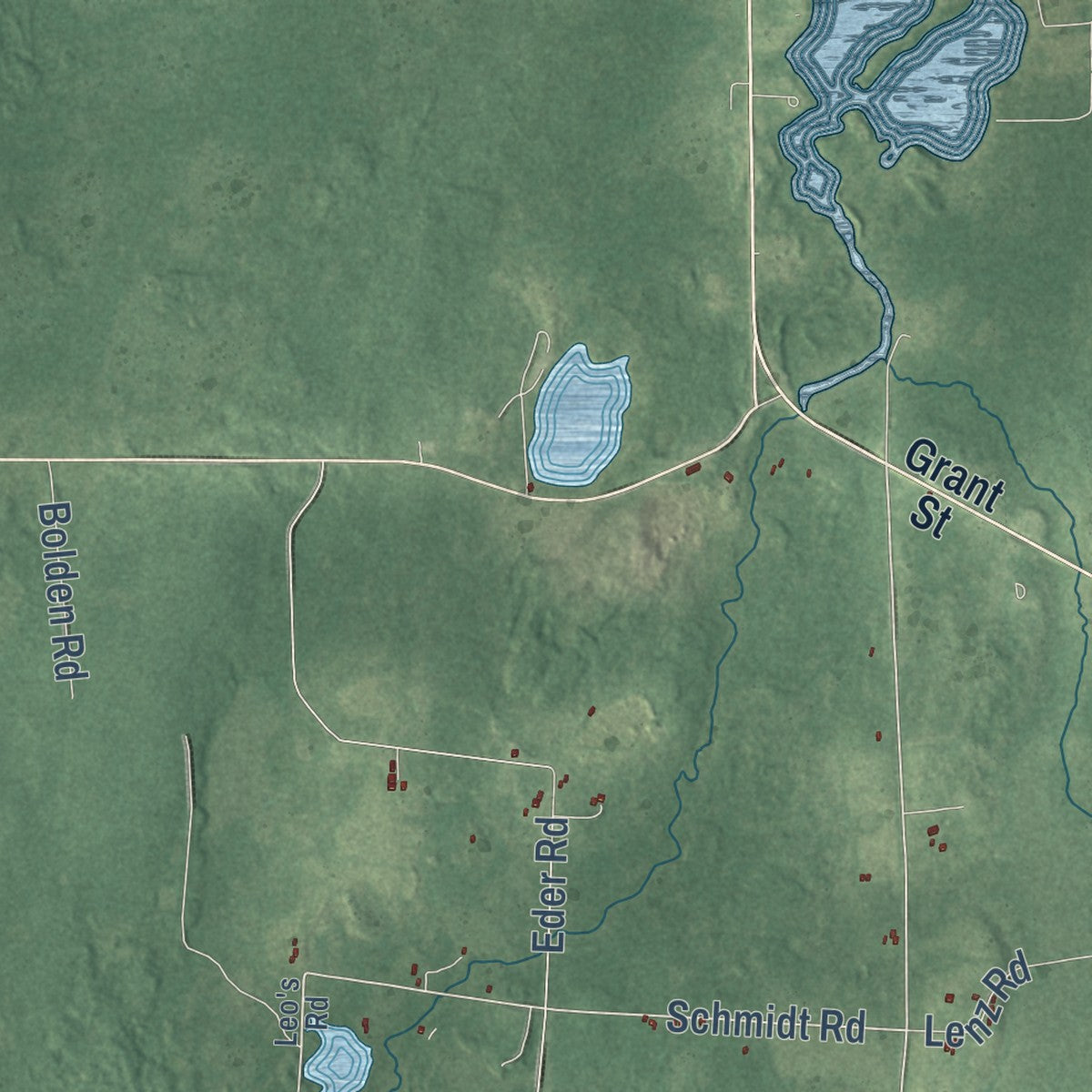 Second close-up of the map of Shanagolden, Wisconsin print showing more streets and buildings
