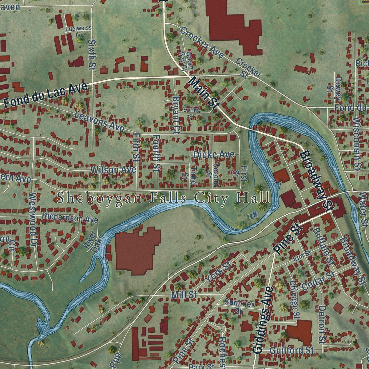 Close-up of the map of Sheboygan Falls, Wisconsin print showing street and building detail