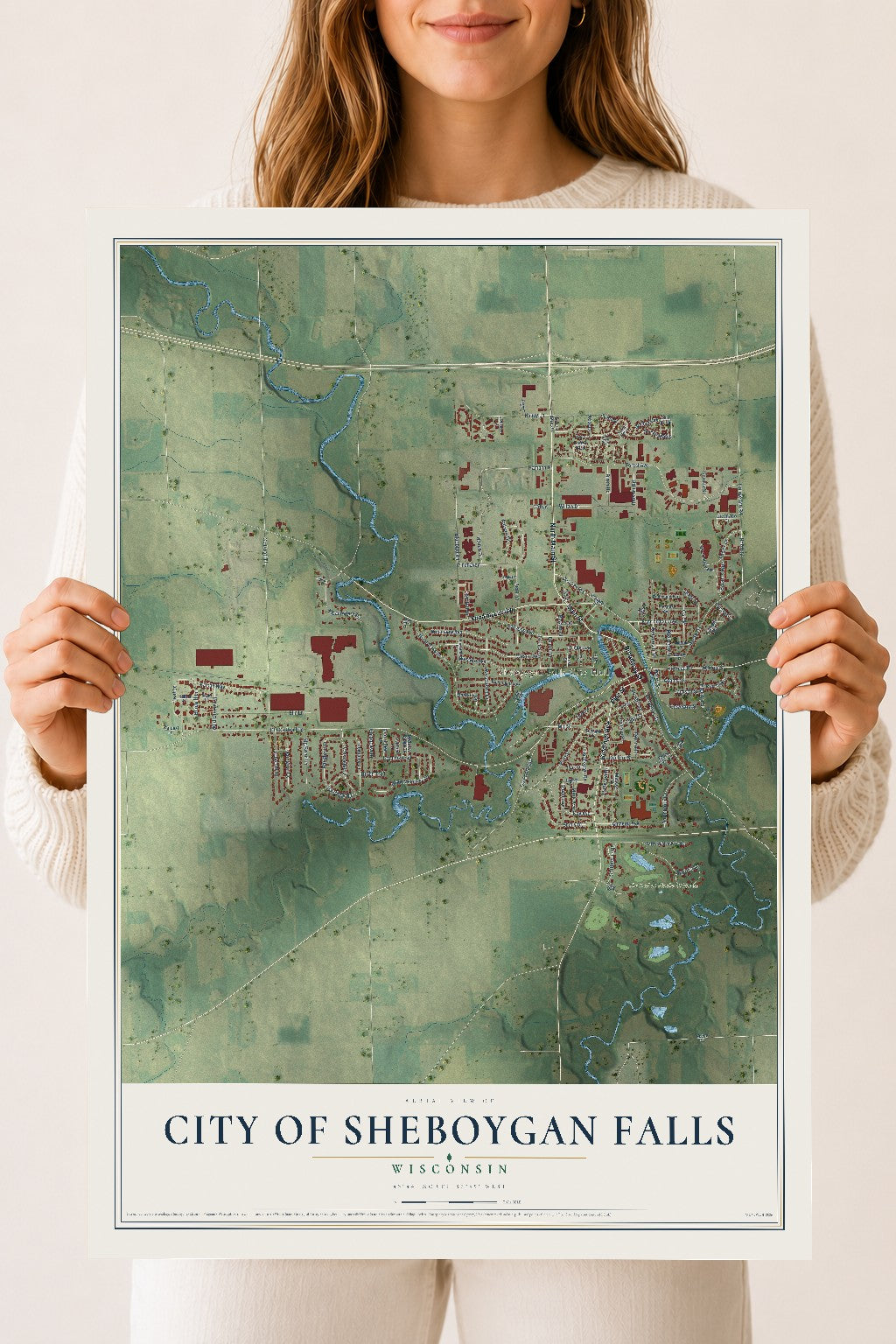 Map of Sheboygan Falls, Wisconsin, 18 x 24 inch unframed archival matte print