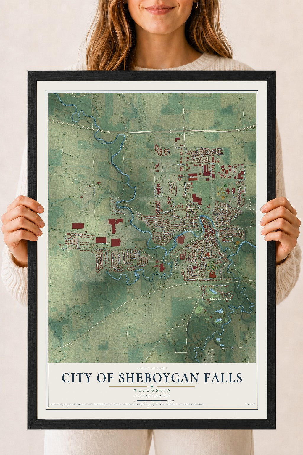 Map of Sheboygan Falls, Wisconsin, 18 x 24 inch print in a black wood frame