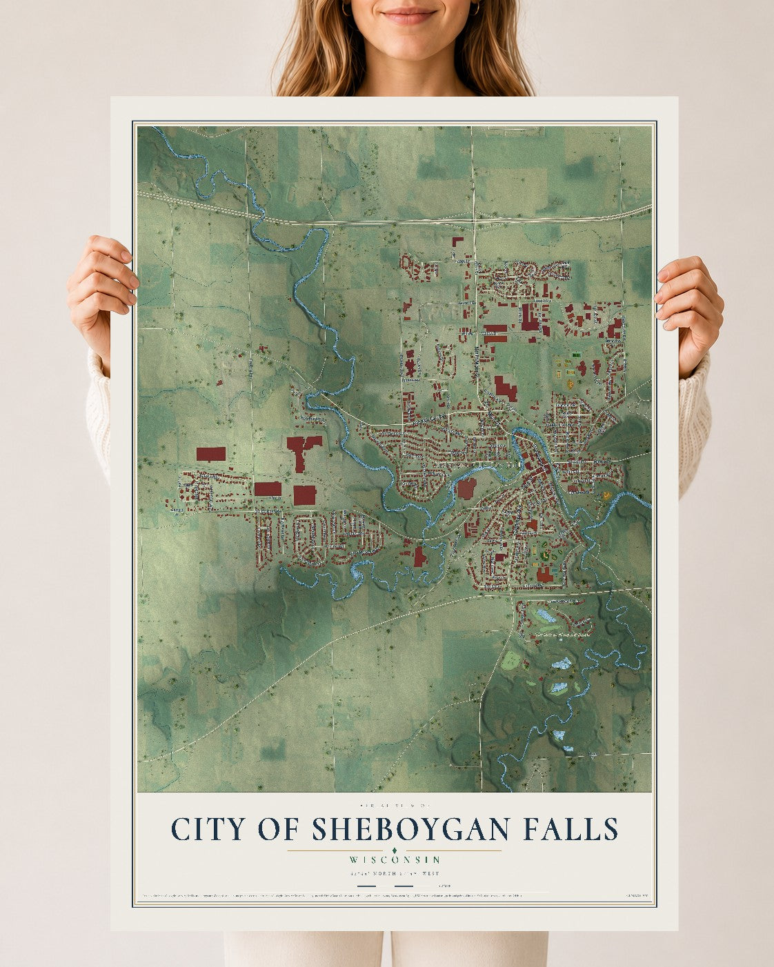 Map of Sheboygan Falls, Wisconsin, 24 x 36 inch unframed archival matte print