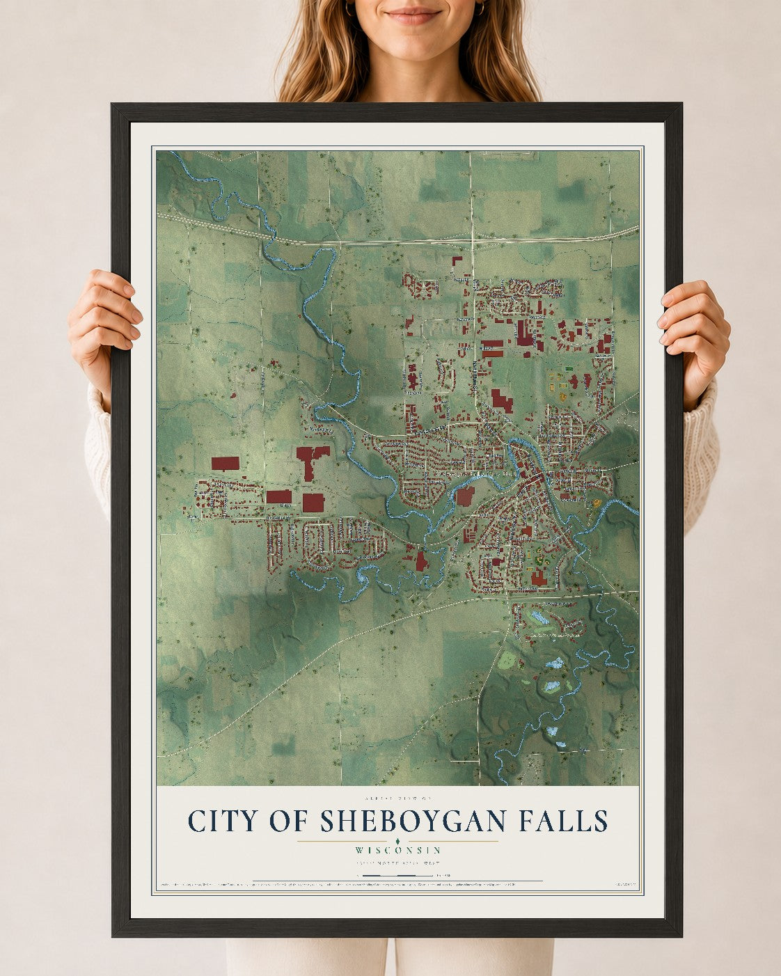 Map of Sheboygan Falls, Wisconsin, 24 x 36 inch print in a black wood frame