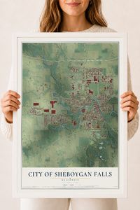 Map of Sheboygan Falls, Wisconsin, 18 x 24 inch print in a white wood frame