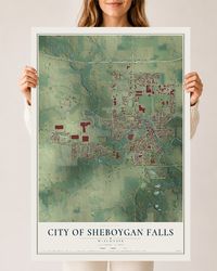 Map of Sheboygan Falls, Wisconsin, 24 x 36 inch unframed archival matte print