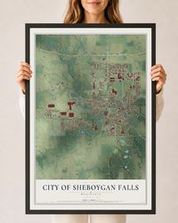 Map of Sheboygan Falls, Wisconsin, 24 x 36 inch print in a black wood frame