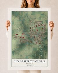Map of Sheboygan Falls, Wisconsin, 24 x 36 inch print in a white wood frame