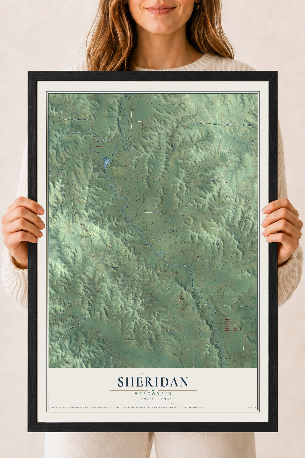 Map of Sheridan, Wisconsin, 18 x 24 inch print in a black wood frame