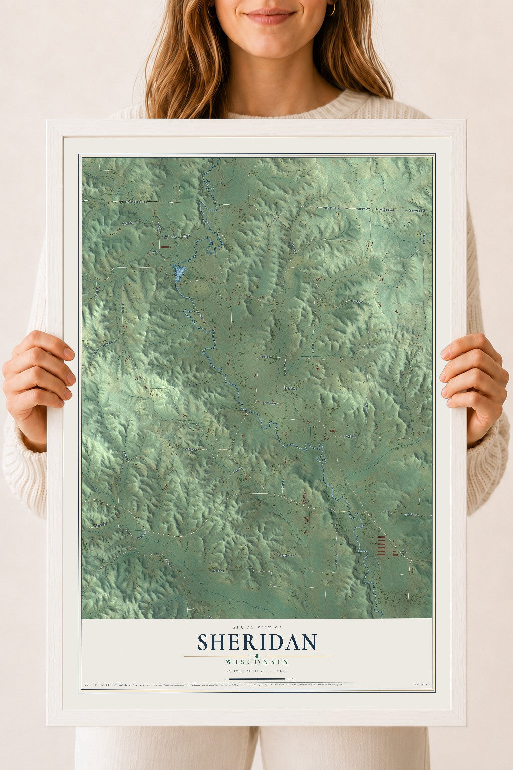 Map of Sheridan, Wisconsin, 18 x 24 inch print in a white wood frame