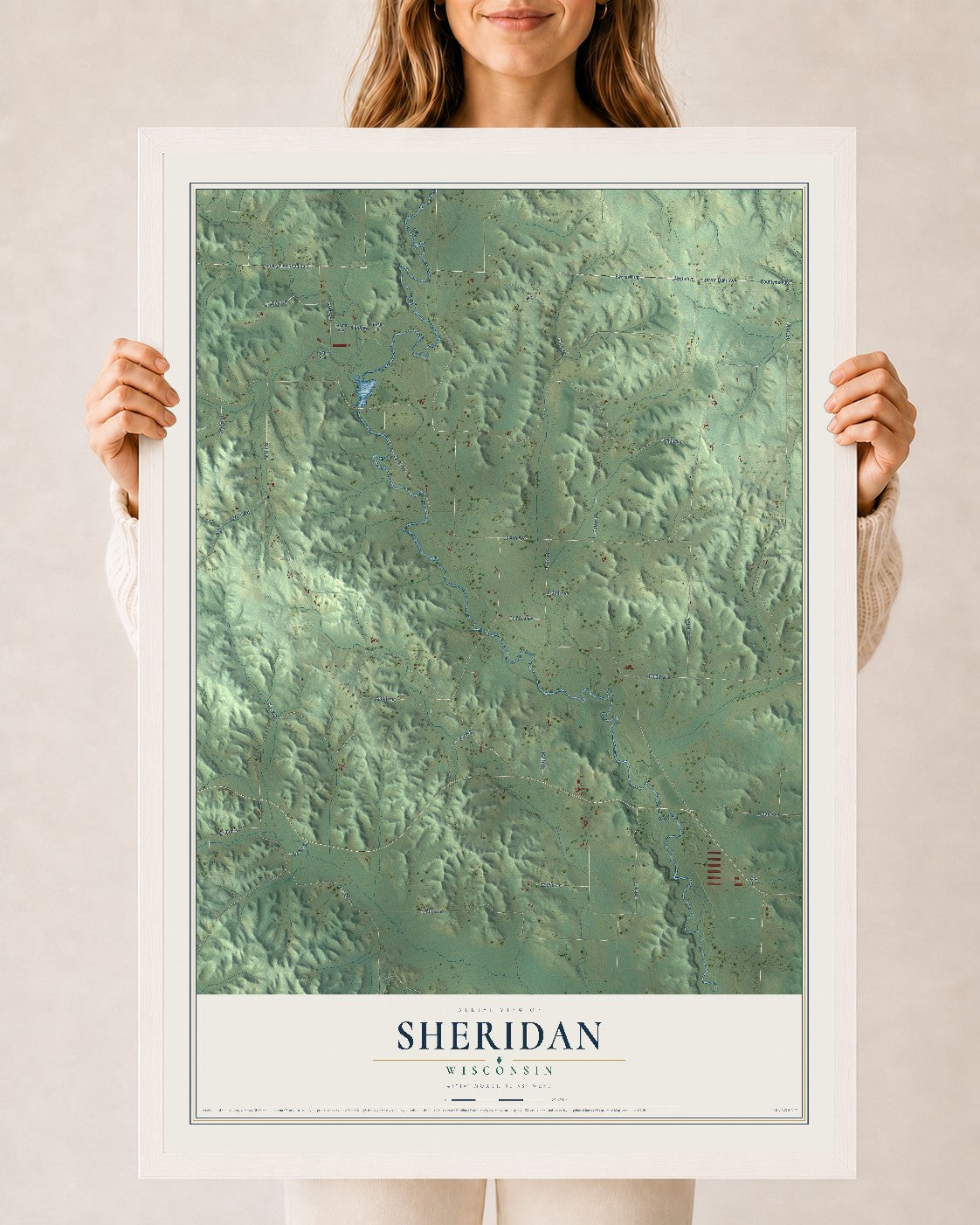 Map of Sheridan, Wisconsin, 24 x 36 inch print in a white wood frame