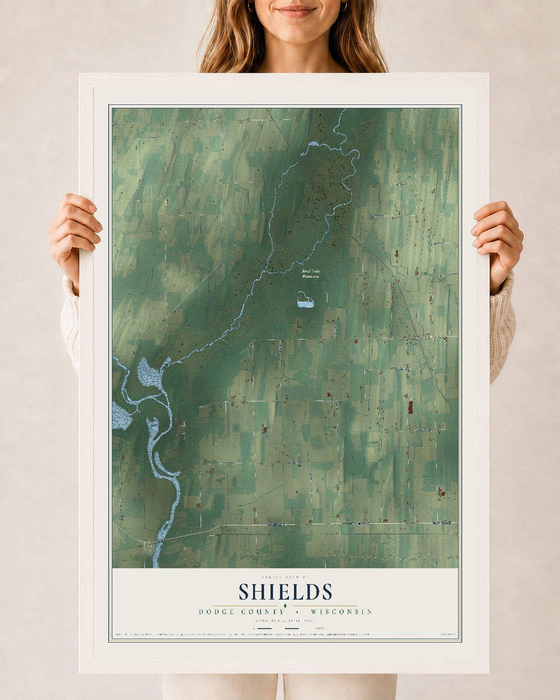Map of Shields, Dodge County, Wisconsin, 24 x 36 inch print in a white wood frame