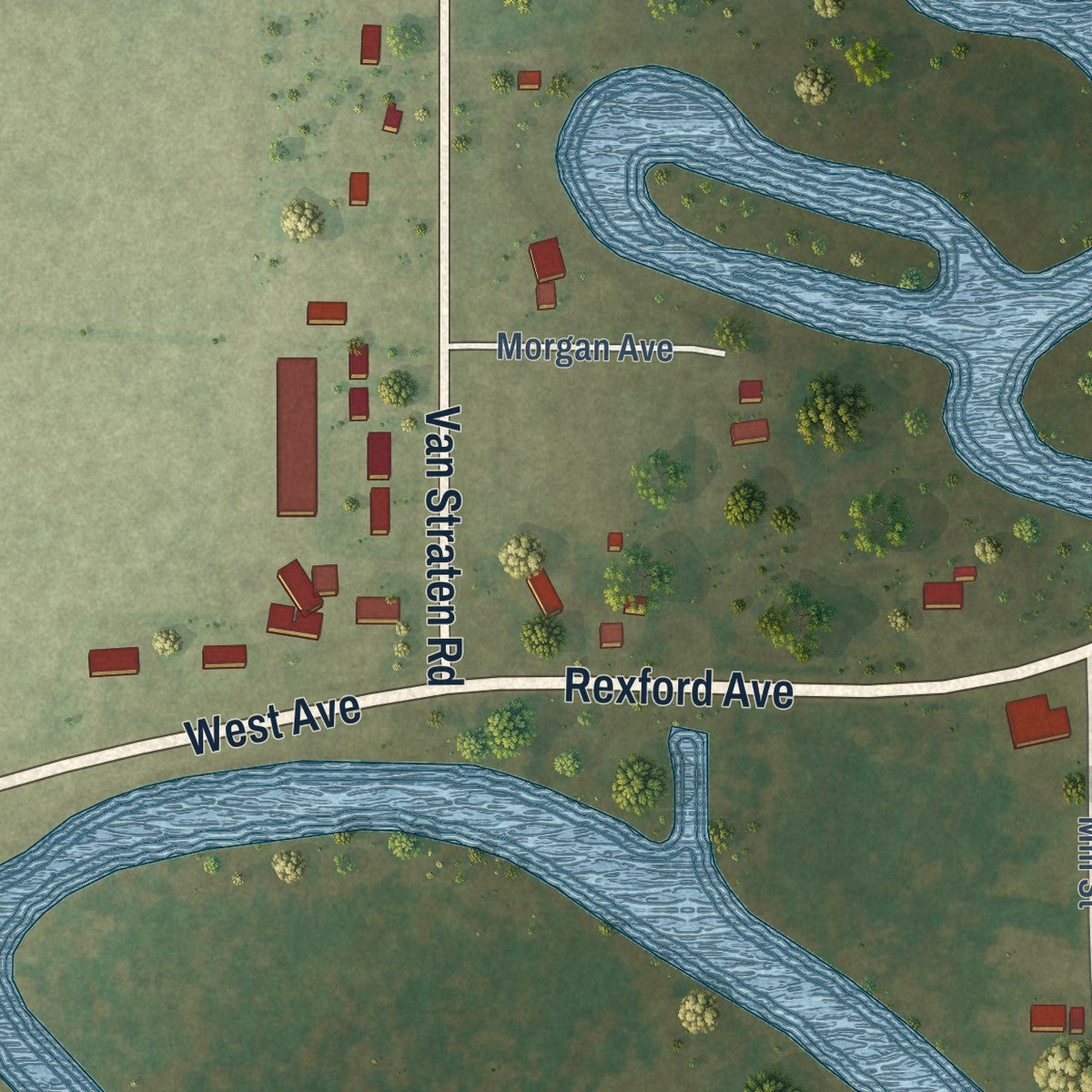 Second close-up of the map of Shiocton, Wisconsin print showing more streets and buildings