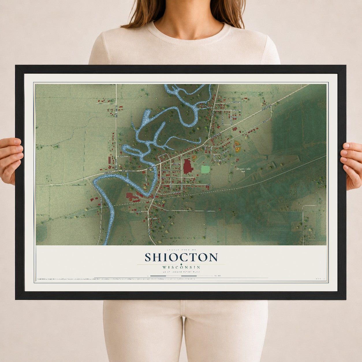 Map of Shiocton, Wisconsin, 18 x 24 inch print in a black wood frame