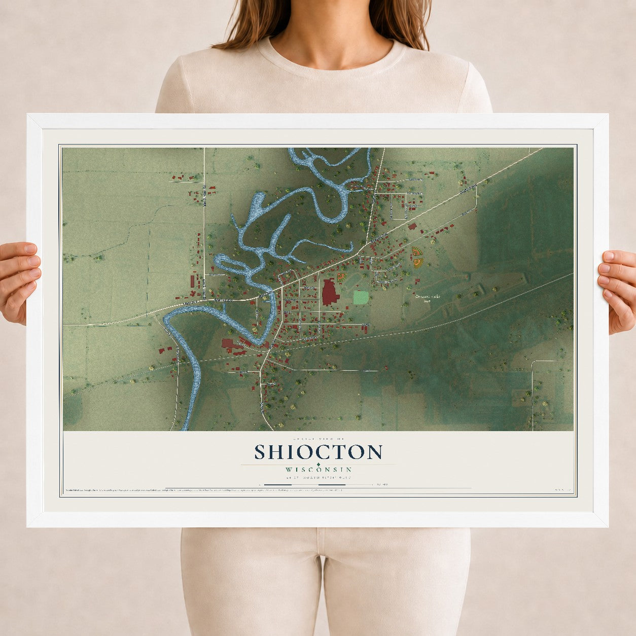 Map of Shiocton, Wisconsin, 18 x 24 inch print in a white wood frame