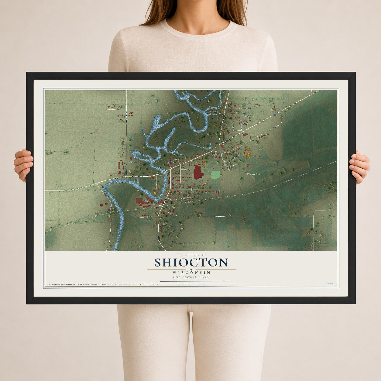 Map of Shiocton, Wisconsin, 24 x 36 inch print in a black wood frame