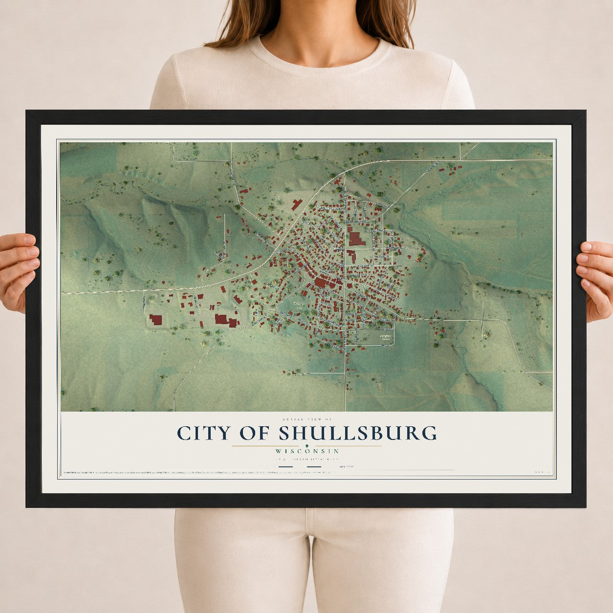 Map of Shullsburg, Wisconsin, 18 x 24 inch print in a black wood frame
