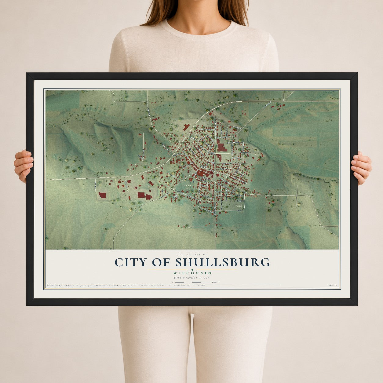 Map of Shullsburg, Wisconsin, 24 x 36 inch print in a black wood frame
