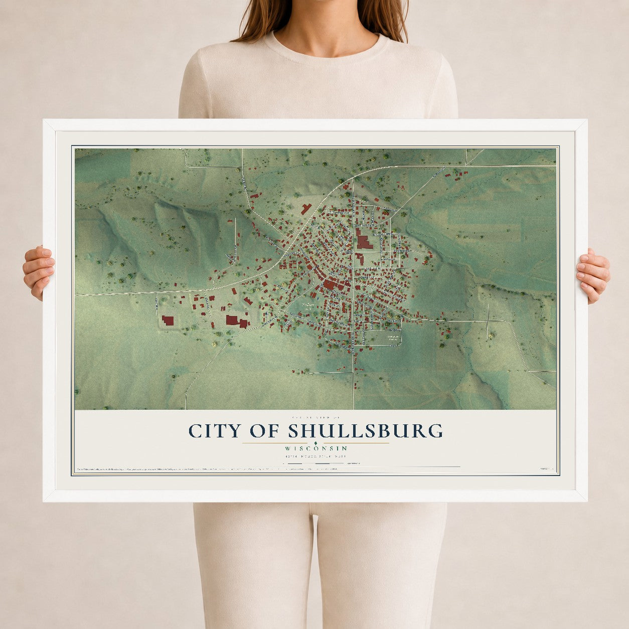 Map of Shullsburg, Wisconsin, 24 x 36 inch print in a white wood frame