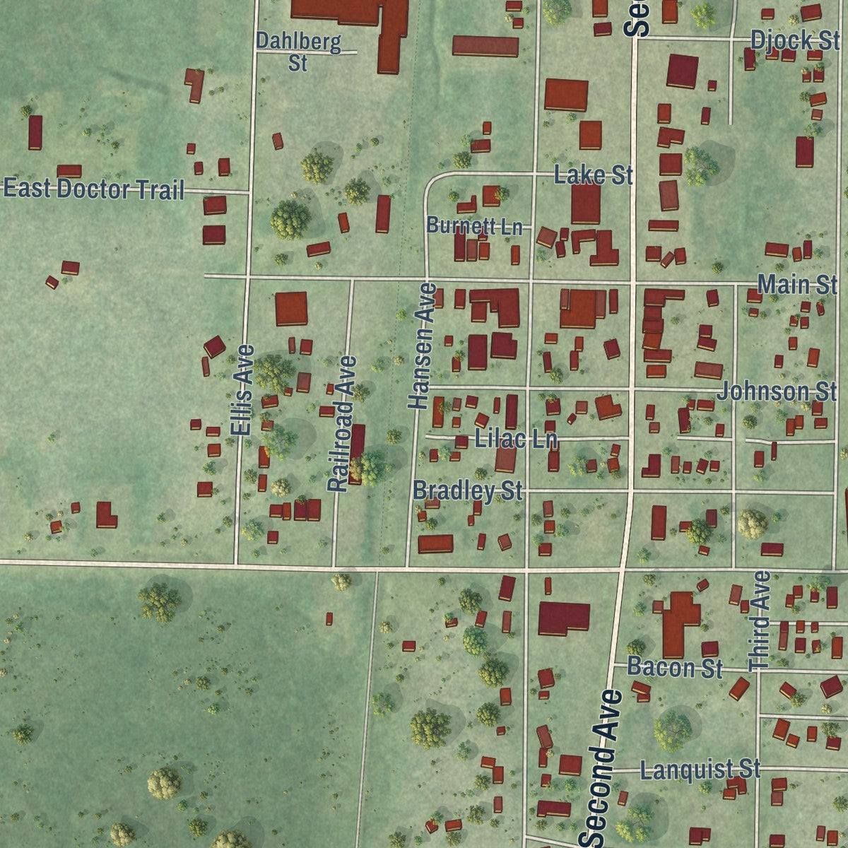 Close-up of the map of Siren, Wisconsin print showing street and building detail