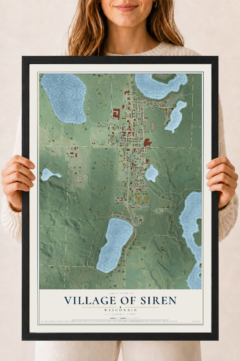 Map of Siren, Wisconsin, 18 x 24 inch print in a black wood frame