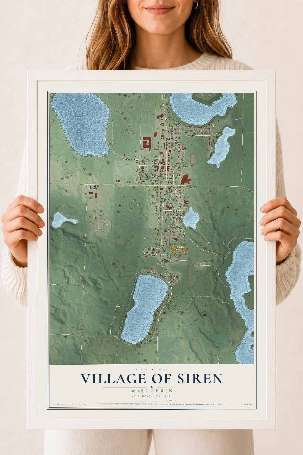 Map of Siren, Wisconsin, 18 x 24 inch print in a white wood frame