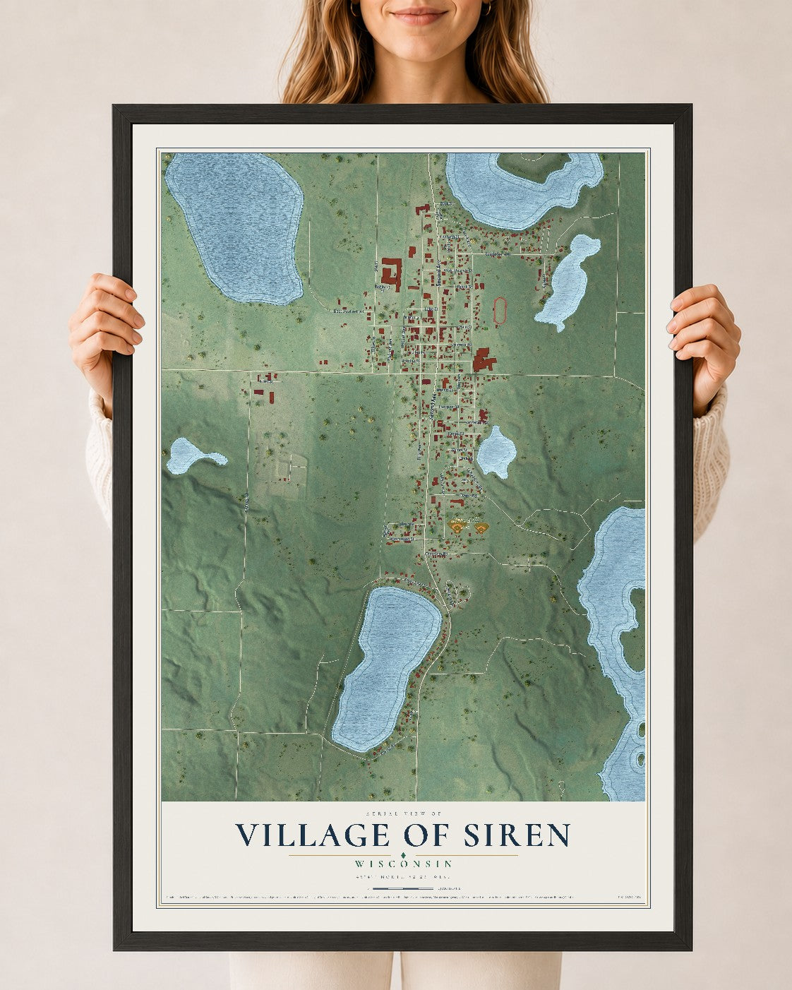 Map of Siren, Wisconsin, 24 x 36 inch print in a black wood frame