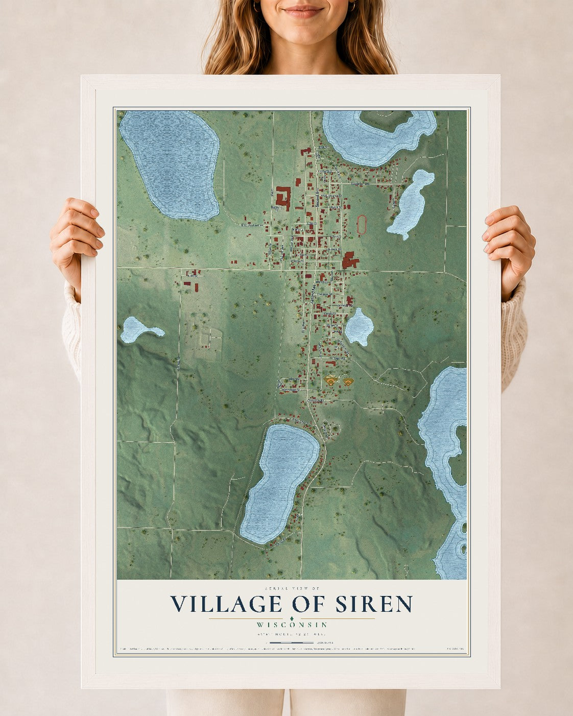 Map of Siren, Wisconsin, 24 x 36 inch print in a white wood frame
