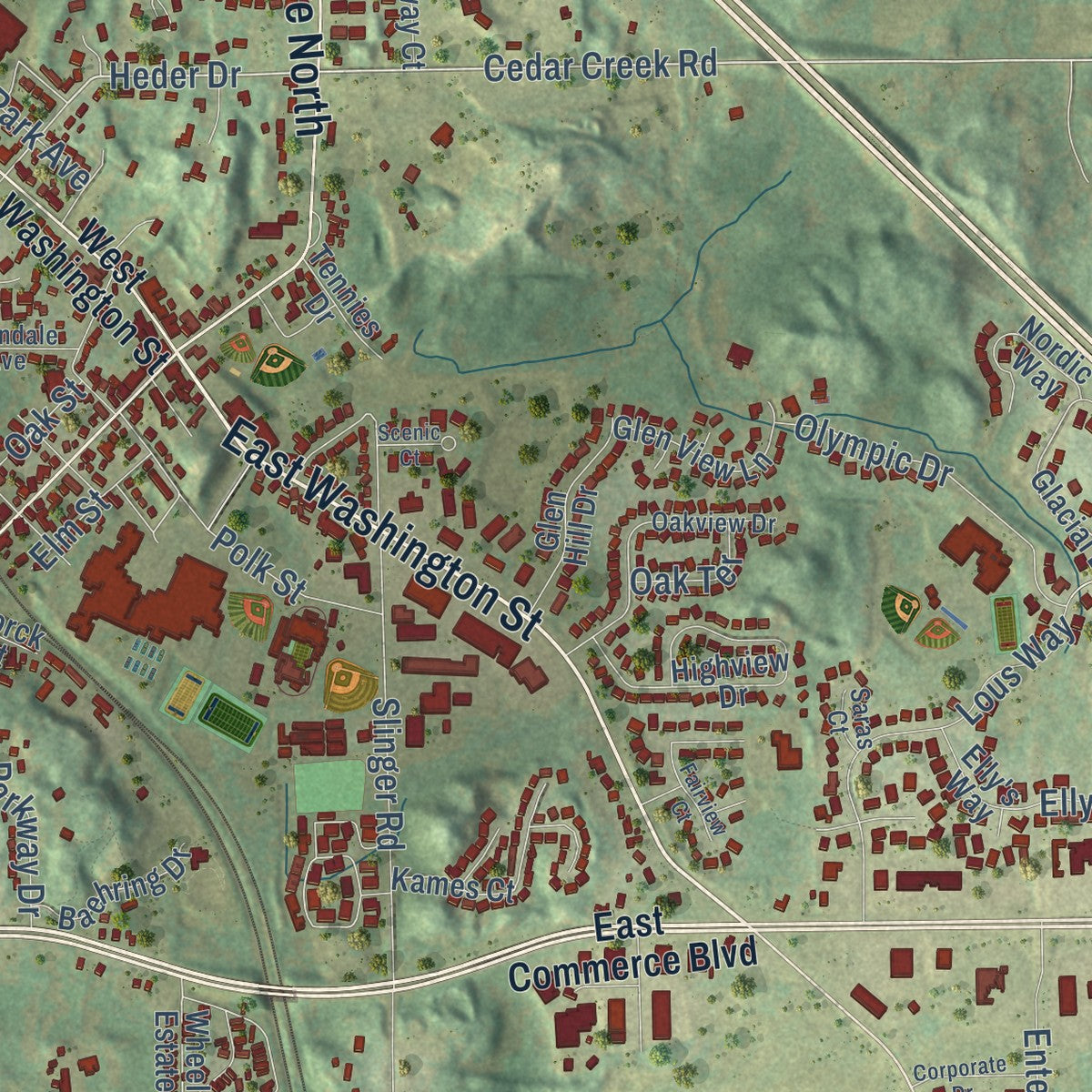 Close-up of the map of Slinger, Wisconsin print showing street and building detail
