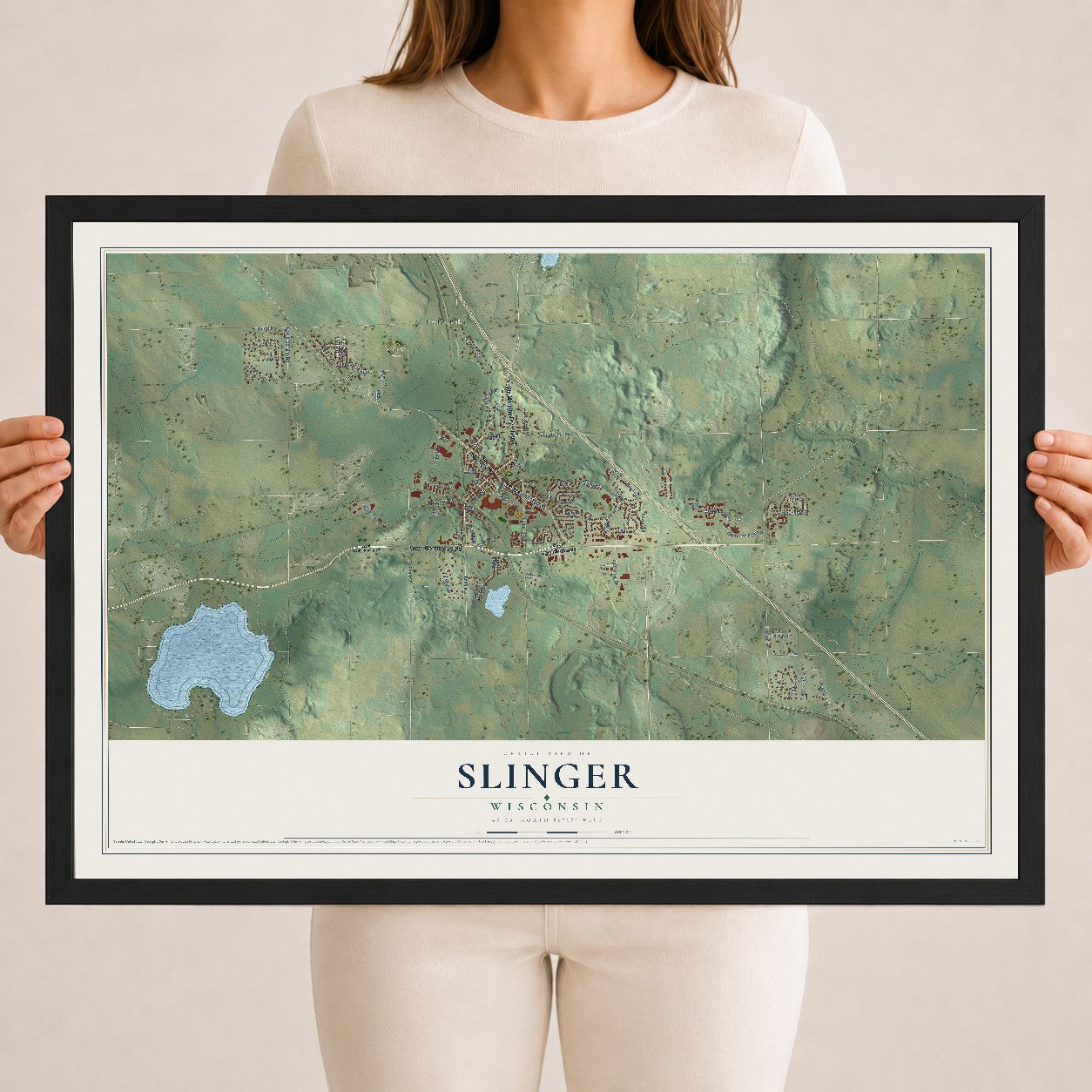 Map of Slinger, Wisconsin, 18 x 24 inch print in a black wood frame
