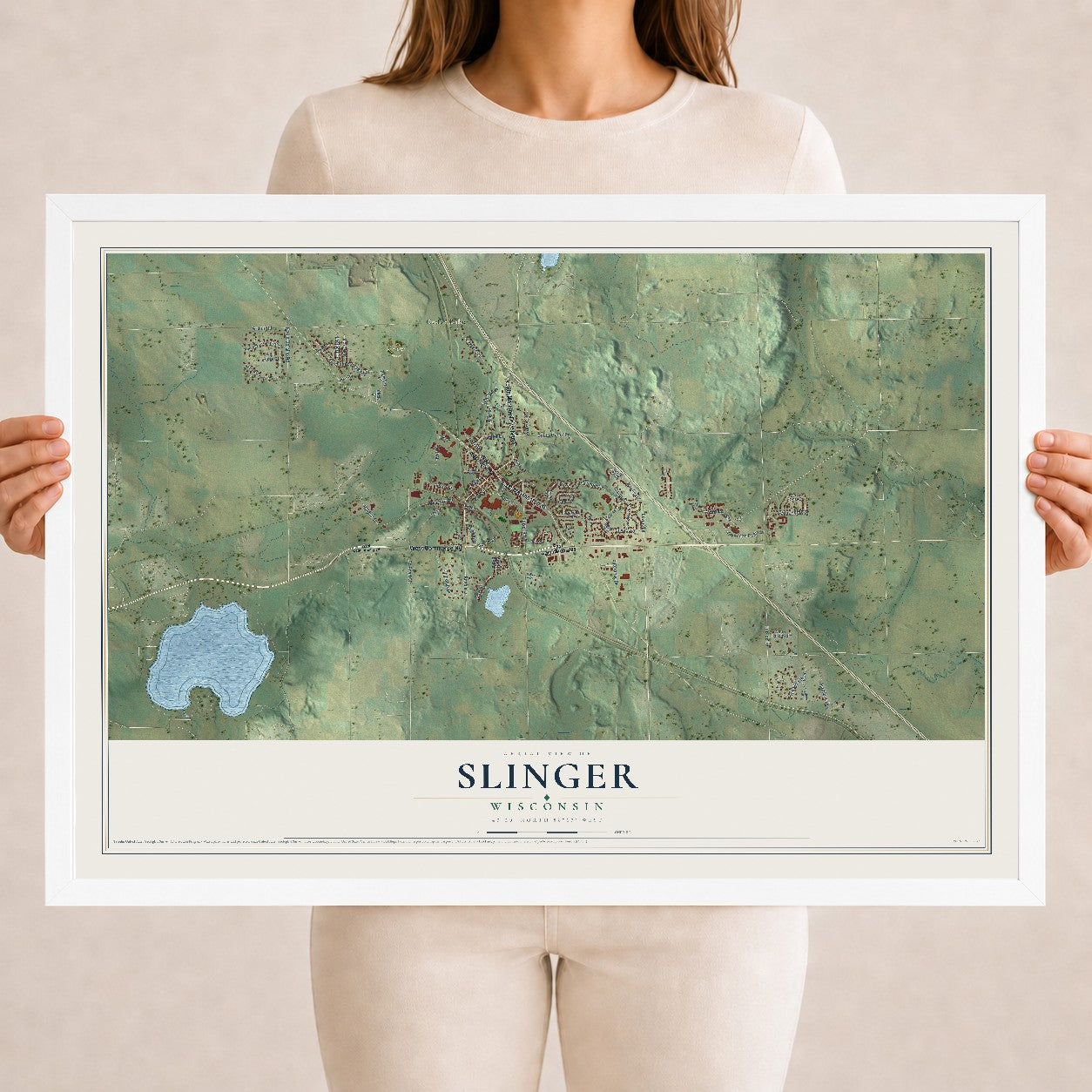 Map of Slinger, Wisconsin, 18 x 24 inch print in a white wood frame