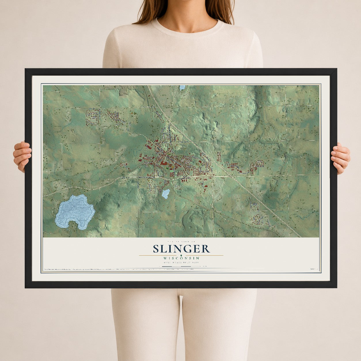 Map of Slinger, Wisconsin, 24 x 36 inch print in a black wood frame