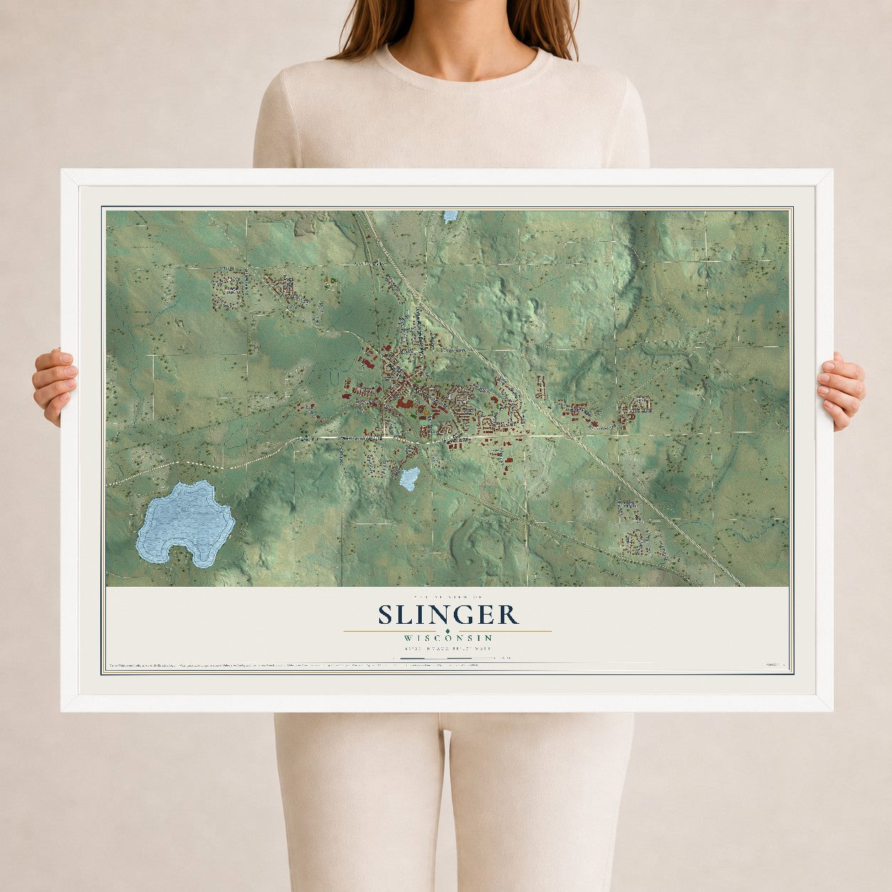 Map of Slinger, Wisconsin, 24 x 36 inch print in a white wood frame