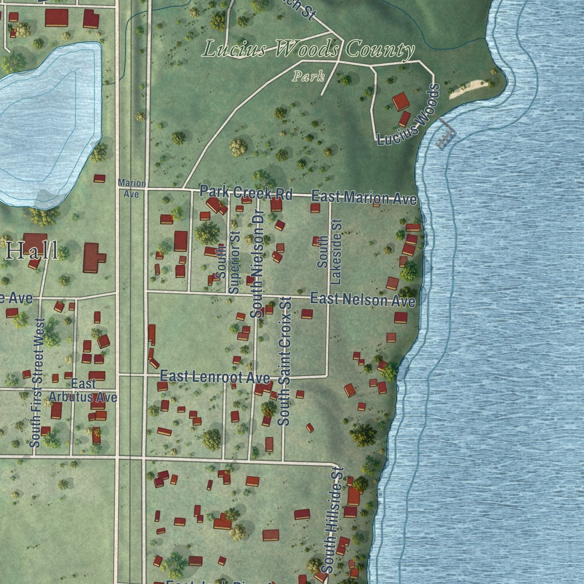 Close-up of the map of Solon Springs, Wisconsin print showing street and building detail