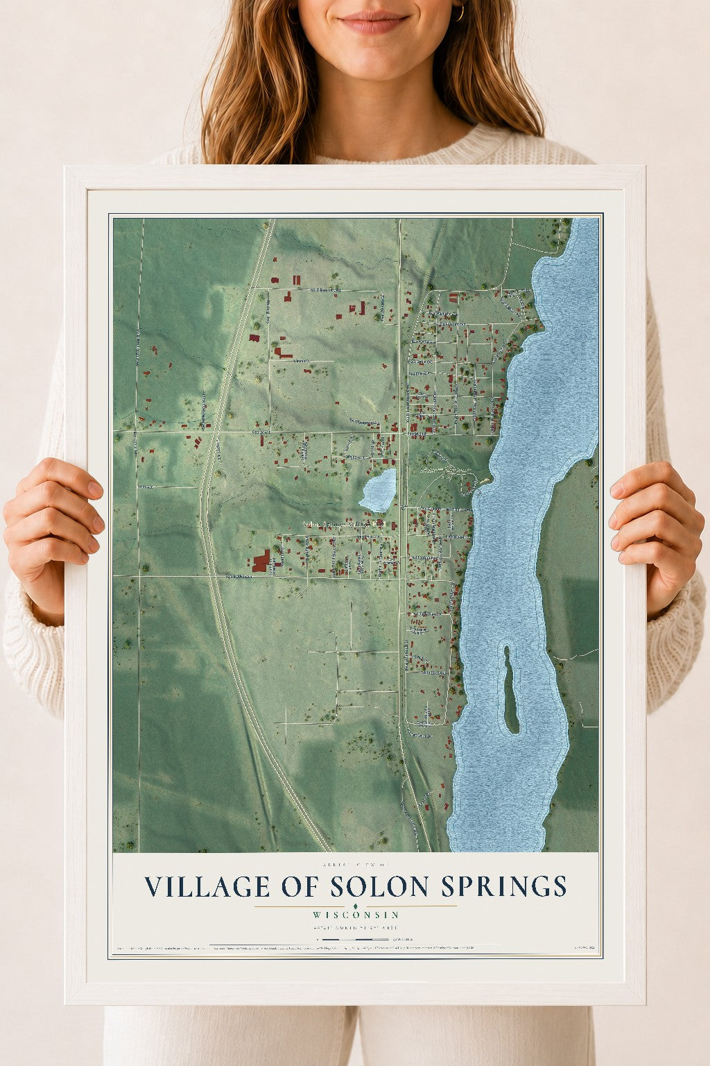 Map of Solon Springs, Wisconsin, 18 x 24 inch print in a white wood frame