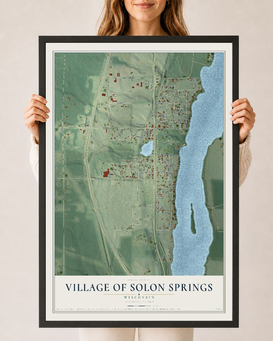 Map of Solon Springs, Wisconsin, 24 x 36 inch print in a black wood frame