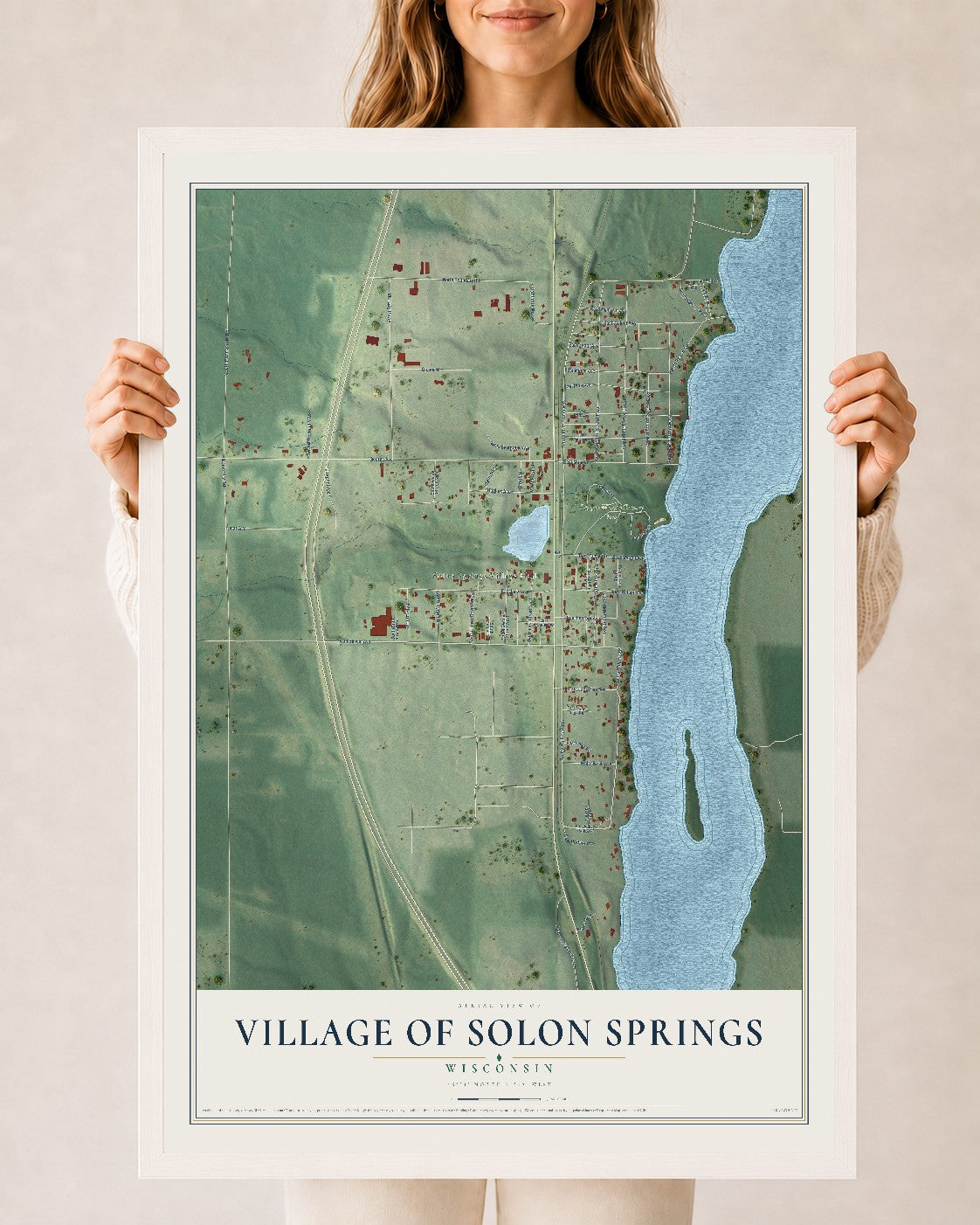 Map of Solon Springs, Wisconsin, 24 x 36 inch print in a white wood frame