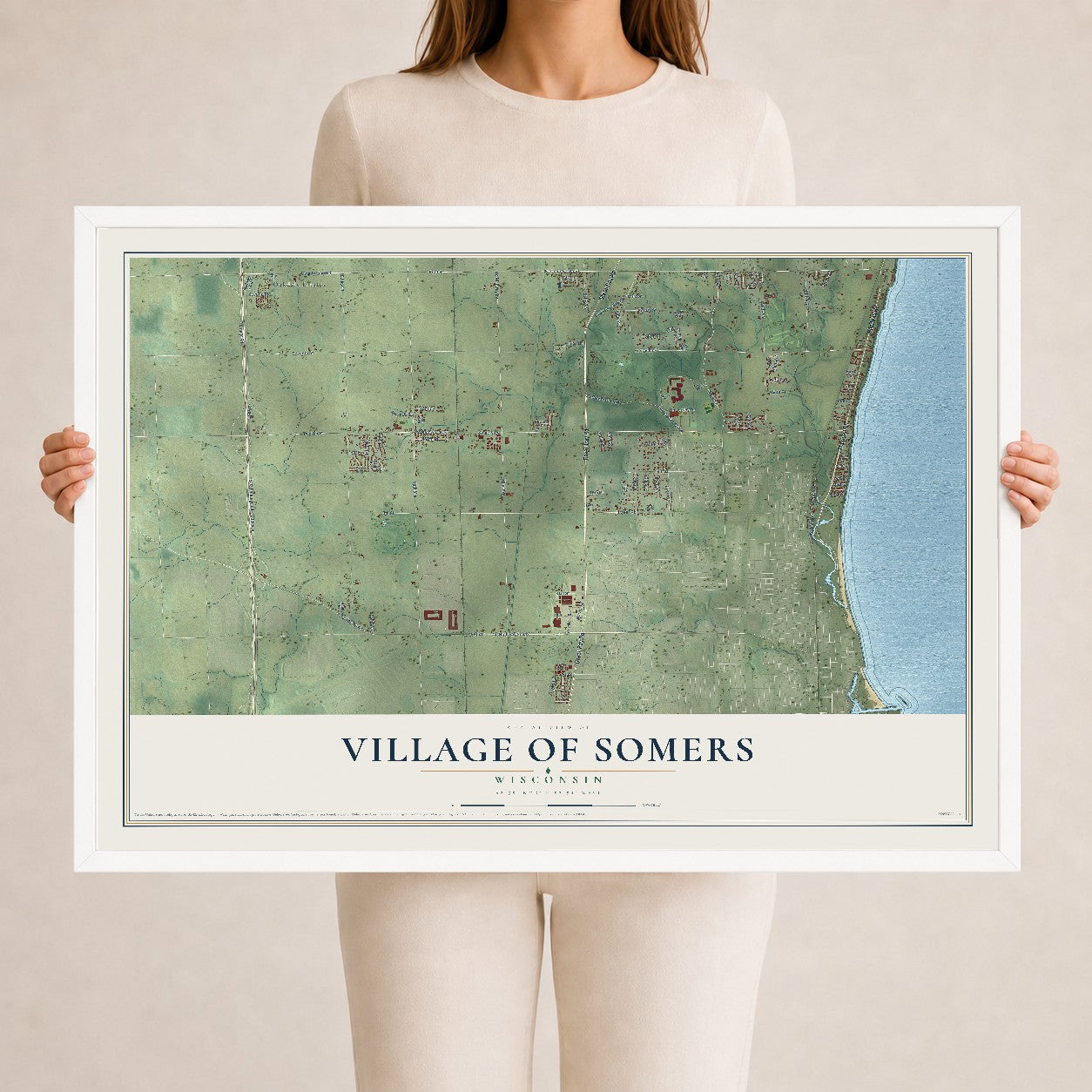 Map of Somers, Wisconsin, 24 x 36 inch print in a white wood frame