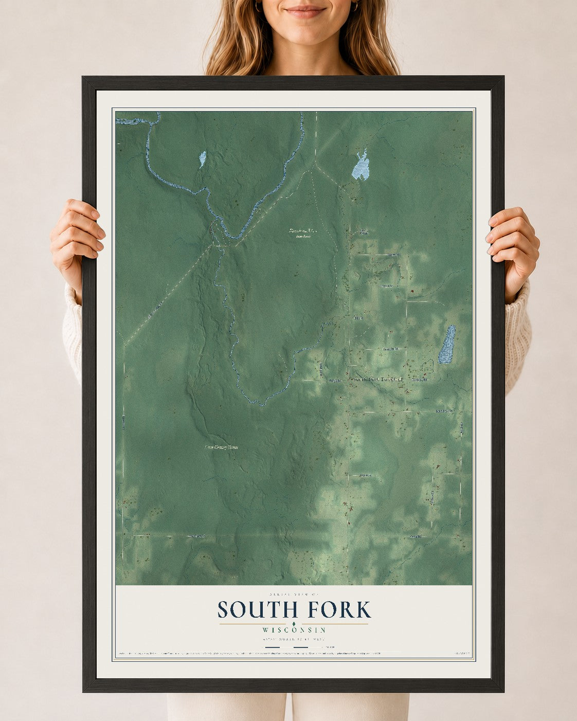 Map of South Fork, Wisconsin, 24 x 36 inch print in a black wood frame