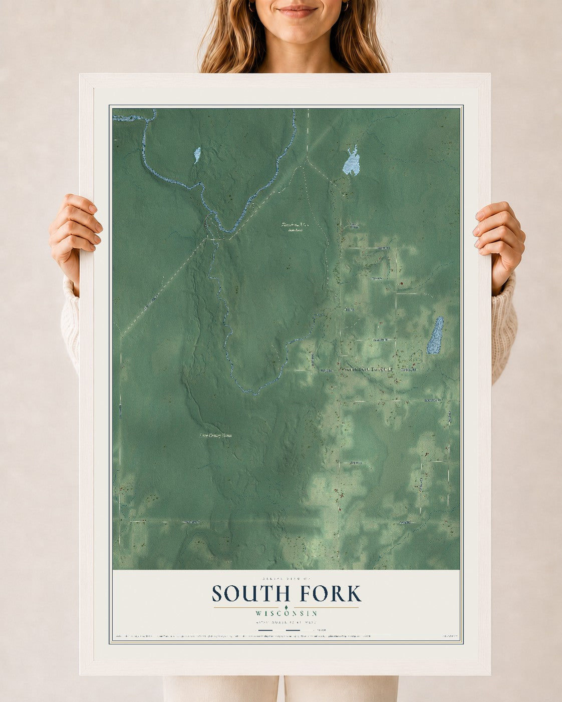 Map of South Fork, Wisconsin, 24 x 36 inch print in a white wood frame