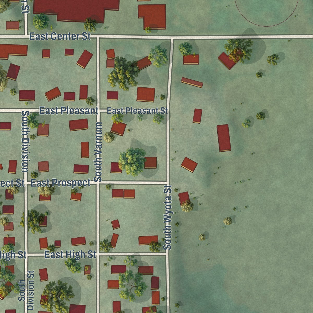 Second close-up of the map of South Wayne, Wisconsin print showing more streets and buildings