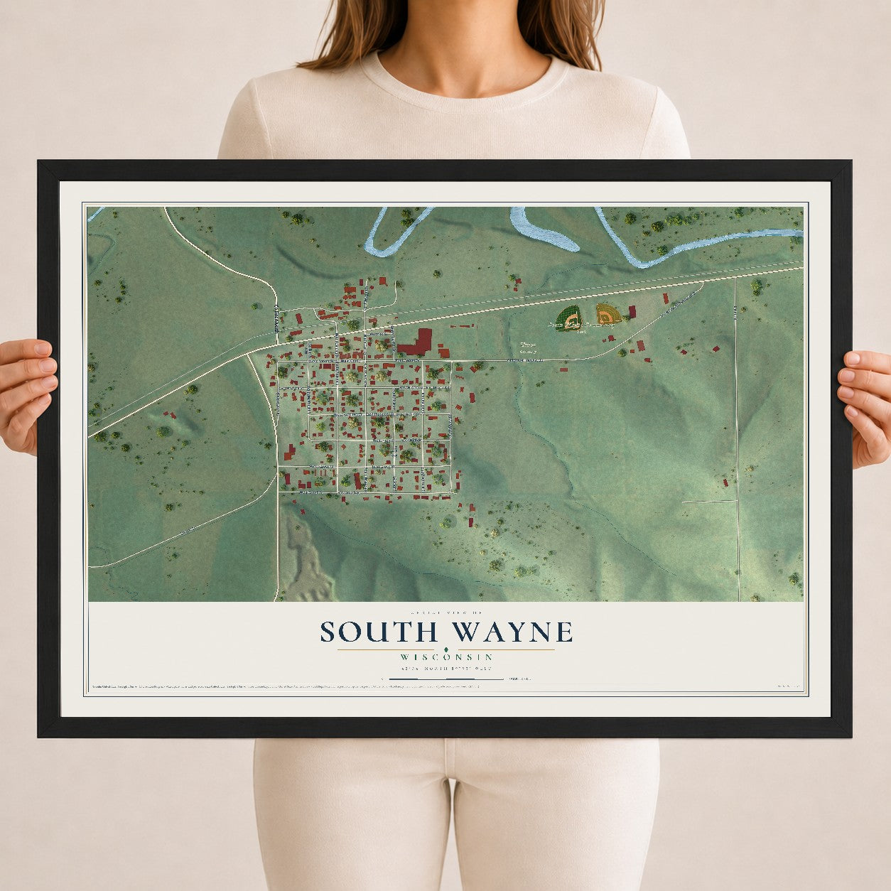 Map of South Wayne, Wisconsin, 18 x 24 inch print in a black wood frame