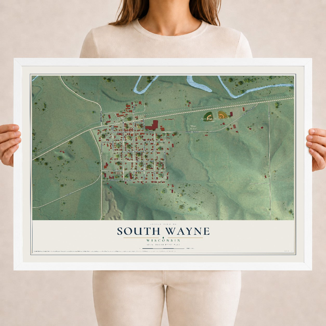 Map of South Wayne, Wisconsin, 18 x 24 inch print in a white wood frame