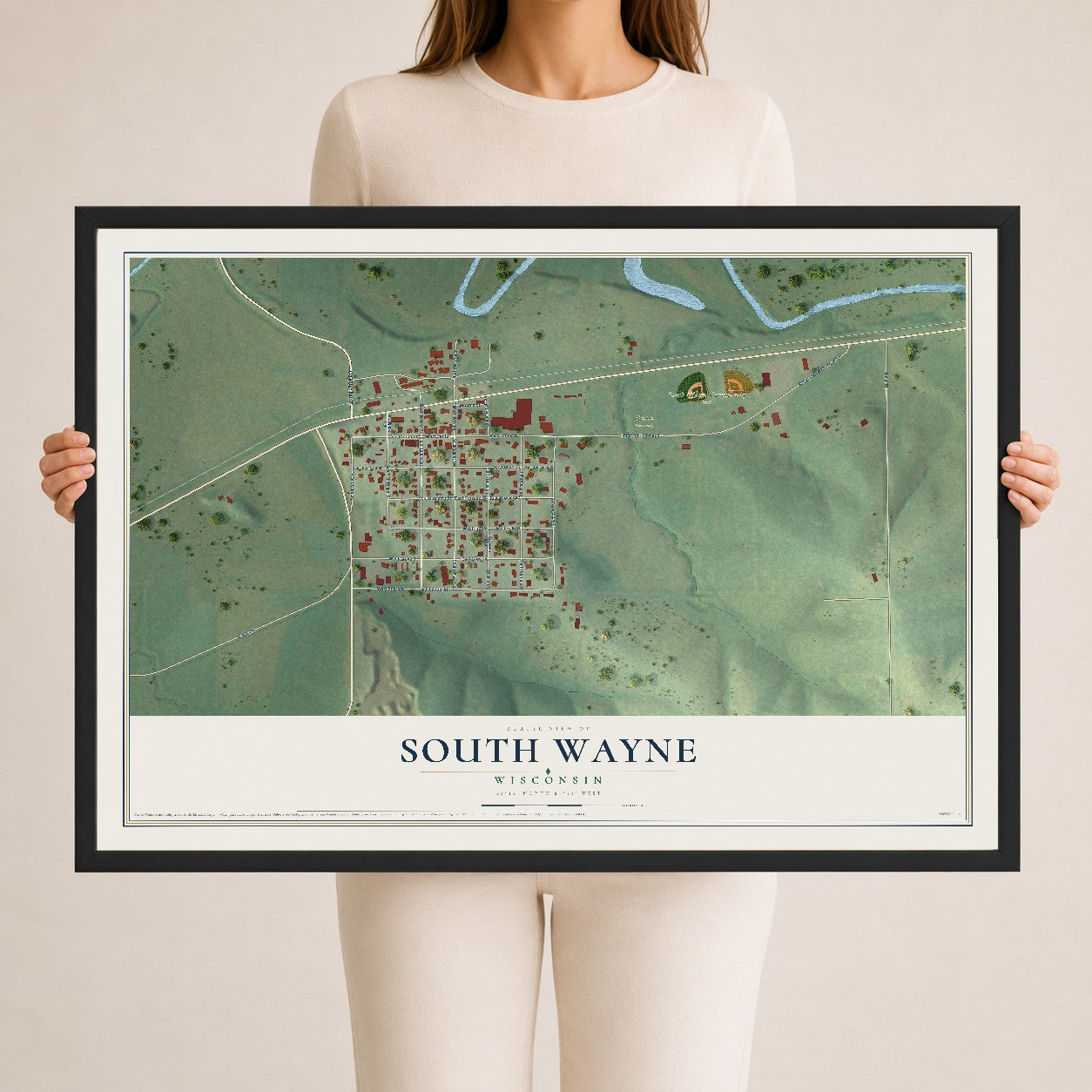Map of South Wayne, Wisconsin, 24 x 36 inch print in a black wood frame