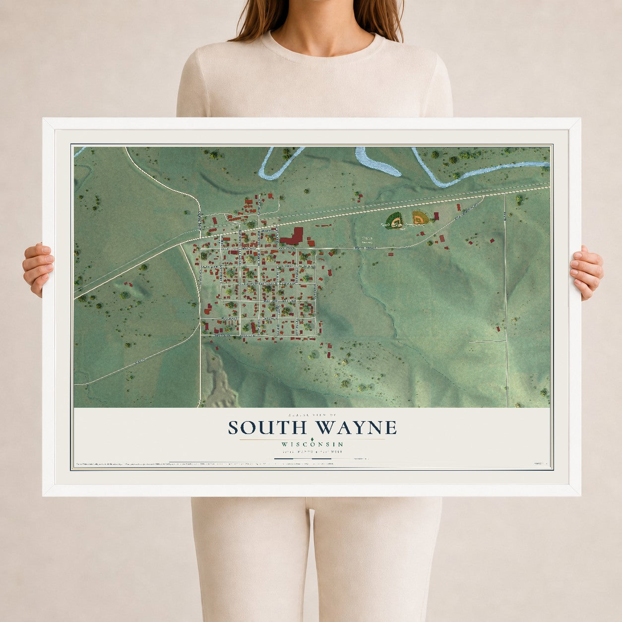 Map of South Wayne, Wisconsin, 24 x 36 inch print in a white wood frame