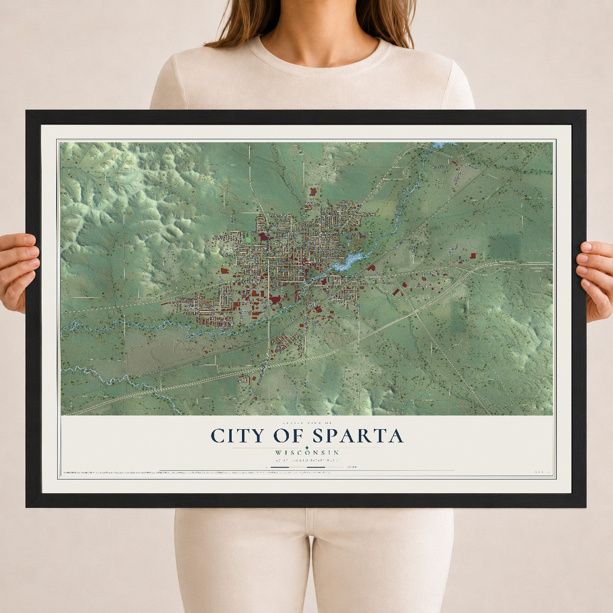 Map of Sparta, Wisconsin, 18 x 24 inch print in a black wood frame